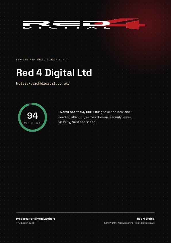 The cover of the sample report: Red 4 Digital Ltd, overall health 94 out of 100
