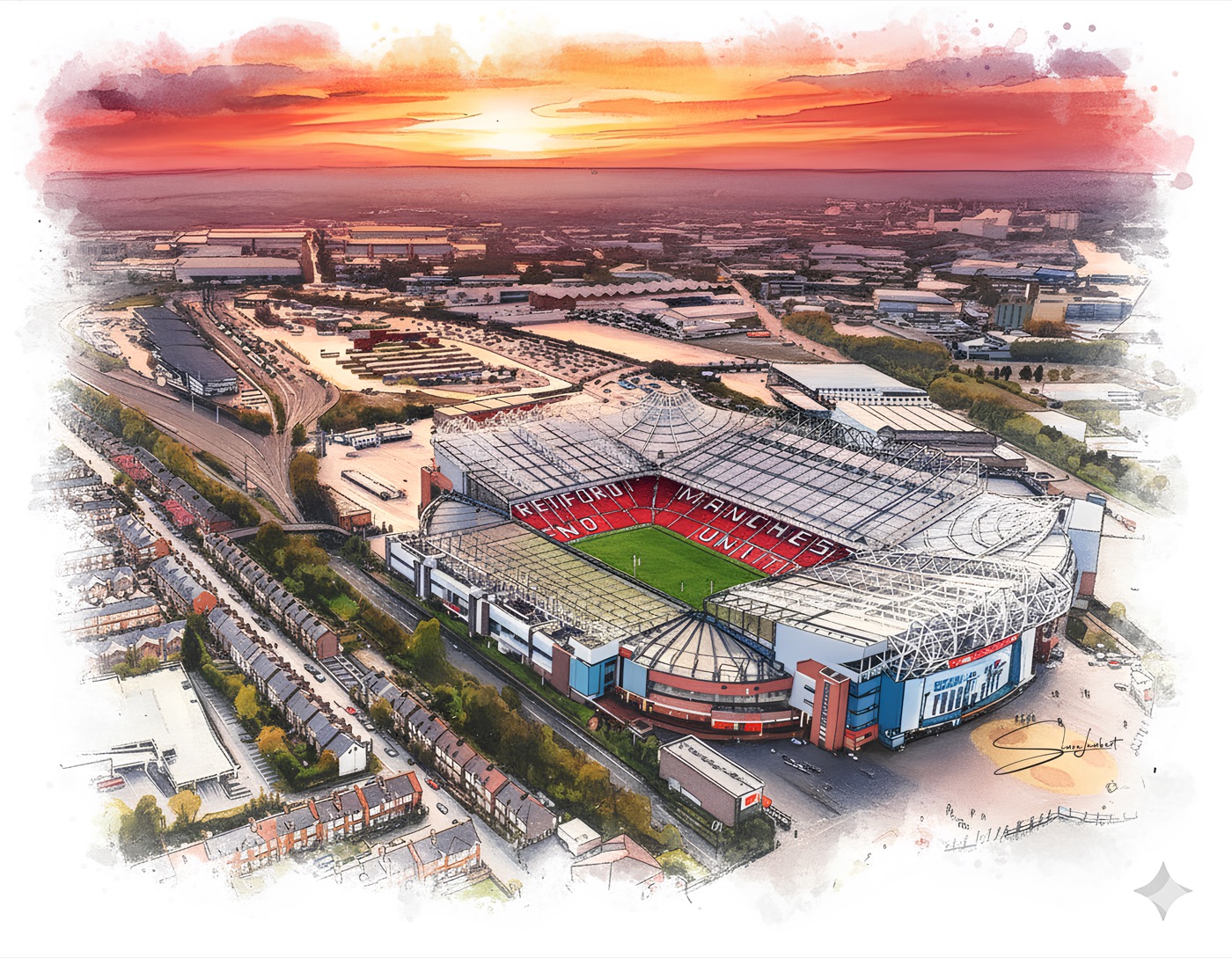 A watercolour-style painting of Old Trafford from the air at sunset